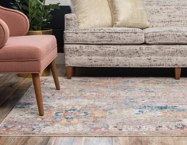 Beige 5' 1 x 8' Basilica Rectangle Area Rug 100% Polyester With Jute Backing Colorful Distressed Vintage Modern Carpet for Dorm Room Living Dining Office Decor Easy to Clean Rustic Interior Design for Sale at Rug Engine