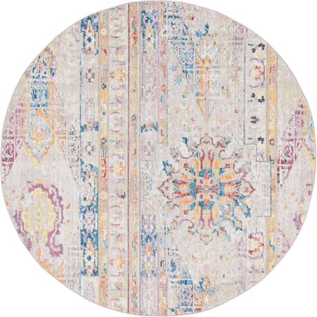 Beige 8' x 8' Basilica Round Area Rug 100% Polyester With Jute Backing Colorful Distressed Vintage Modern Carpet for Dorm Room Living Dining Office Decor Easy to Clean Rustic Interior Design for Sale at Rug Engine