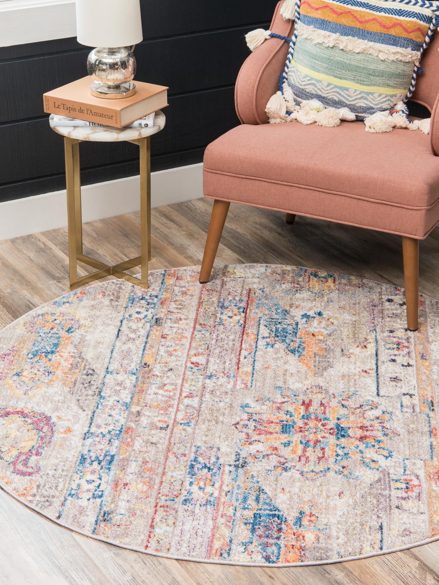 Beige 8' x 8' Basilica Round Area Rug 100% Polyester With Jute Backing Colorful Distressed Vintage Modern Carpet for Dorm Room Living Dining Office Decor Easy to Clean Rustic Interior Design for Sale at Rug Engine