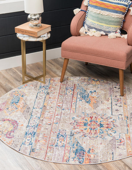 Beige 5' x 5' Basilica Round Area Rug 100% Polyester With Jute Backing Colorful Distressed Vintage Modern Carpet for Dorm Room Living Dining Office Decor Easy to Clean Rustic Interior Design for Sale at Rug Engine