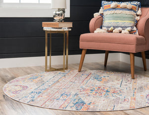 Beige 8' x 8' Basilica Round Area Rug 100% Polyester With Jute Backing Colorful Distressed Vintage Modern Carpet for Dorm Room Living Dining Office Decor Easy to Clean Rustic Interior Design for Sale at Rug Engine