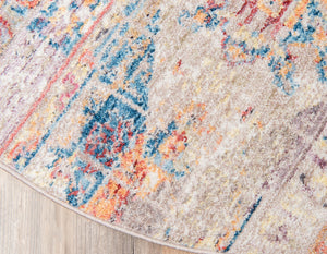 Beige 8' x 8' Basilica Round Area Rug 100% Polyester With Jute Backing Colorful Distressed Vintage Modern Carpet for Dorm Room Living Dining Office Decor Easy to Clean Rustic Interior Design for Sale at Rug Engine