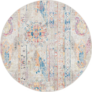 Beige 5' x 5' Basilica Round Area Rug 100% Polyester With Jute Backing Colorful Distressed Vintage Modern Carpet for Dorm Room Living Dining Office Decor Easy to Clean Rustic Interior Design for Sale at Rug Engine