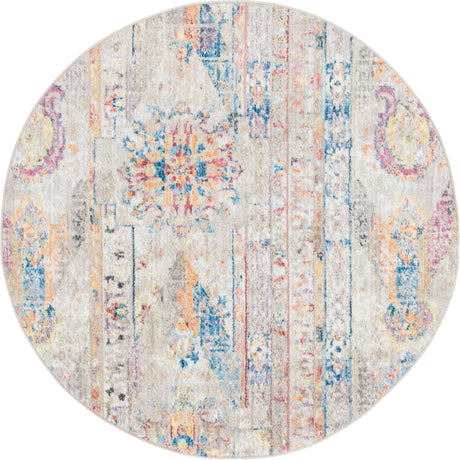 Beige 5' x 5' Basilica Round Area Rug 100% Polyester With Jute Backing Colorful Distressed Vintage Modern Carpet for Dorm Room Living Dining Office Decor Easy to Clean Rustic Interior Design for Sale at Rug Engine