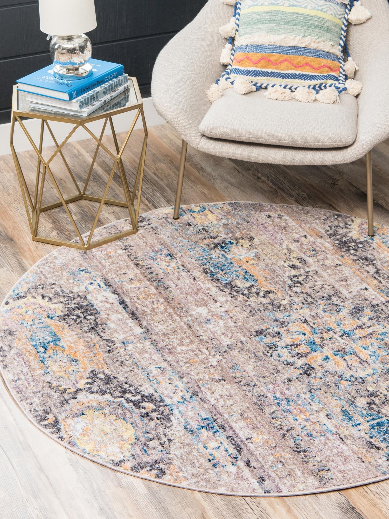 Light Brown 3' 3 x 3' 3 Basilica Round Area Rug 100% Polyester With Jute Backing Colorful Distressed Vintage Modern Carpet for Dorm Room Living Dining Office Decor Easy to Clean Rustic Interior Design for Sale at Rug Engine
