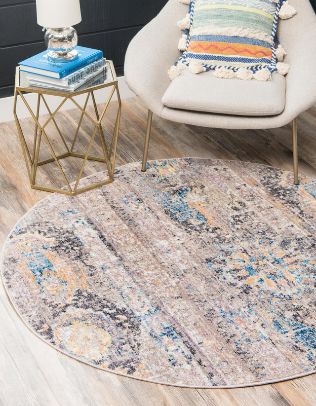 Light Brown 3' 3 x 3' 3 Basilica Round Area Rug 100% Polyester With Jute Backing Colorful Distressed Vintage Modern Carpet for Dorm Room Living Dining Office Decor Easy to Clean Rustic Interior Design for Sale at Rug Engine