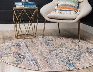 Light Brown 8' x 8' Basilica Round Area Rug 100% Polyester With Jute Backing Colorful Distressed Vintage Modern Carpet for Dorm Room Living Dining Office Decor Easy to Clean Rustic Interior Design for Sale at Rug Engine