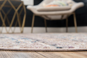 Light Brown 8' x 8' Basilica Round Area Rug 100% Polyester With Jute Backing Colorful Distressed Vintage Modern Carpet for Dorm Room Living Dining Office Decor Easy to Clean Rustic Interior Design for Sale at Rug Engine