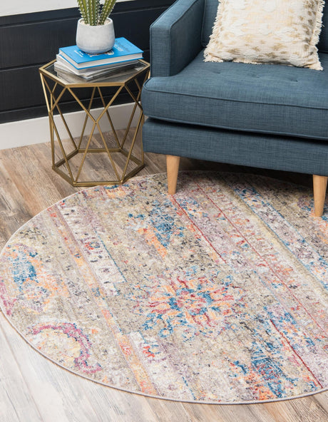 Light Green 3' 3 x 3' 3 Basilica Round Area Rug 100% Polyester With Jute Backing Colorful Distressed Vintage Modern Carpet for Dorm Room Living Dining Office Decor Easy to Clean Rustic Interior Design for Sale at Rug Engine