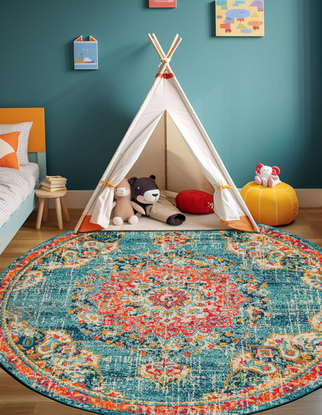 Blue 3' 1 x 3' 1 Penrose Round Area Rug Classic Durable Stain Resistant Easy Clean Carpet for Traditional Indoor Home Decor for Sale at Rug Engine