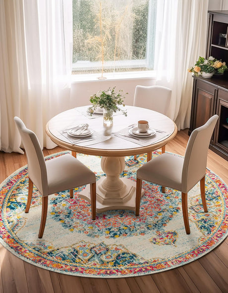 Ivory 7' 1 x 7' 1 Penrose Round Area Rug Classic Durable Stain Resistant Easy Clean Carpet for Traditional Indoor Home Decor for Sale at Rug Engine