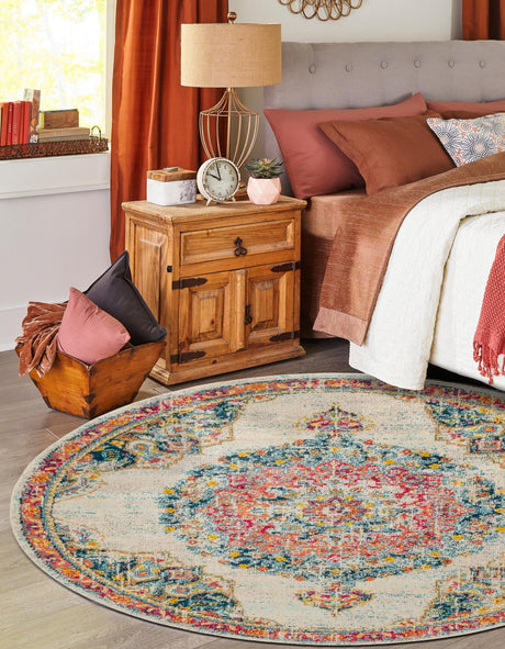 Ivory 7' 1 x 7' 1 Penrose Round Area Rug Classic Durable Stain Resistant Easy Clean Carpet for Traditional Indoor Home Decor for Sale at Rug Engine