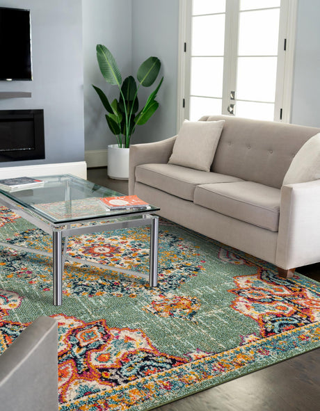 Green 6' 1 x 9' Penrose Rectangle Area Rug Classic Durable Stain Resistant Easy Clean Carpet for Traditional Indoor Home Decor for Sale at Rug Engine
