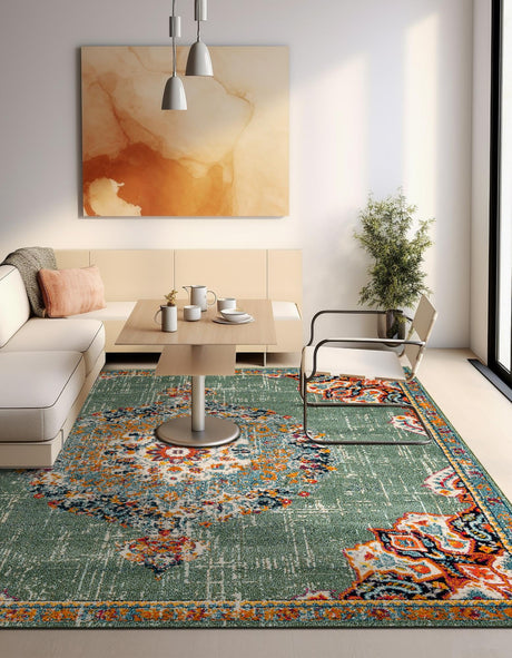 Green 7' 10 x 7' 10 Penrose Square Area Rug Classic Durable Stain Resistant Easy Clean Carpet for Traditional Indoor Home Decor for Sale at Rug Engine