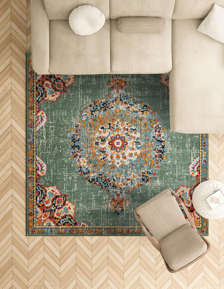 Green 6' 1 x 6' 1 Penrose Square Area Rug Classic Durable Stain Resistant Easy Clean Carpet for Traditional Indoor Home Decor for Sale at Rug Engine
