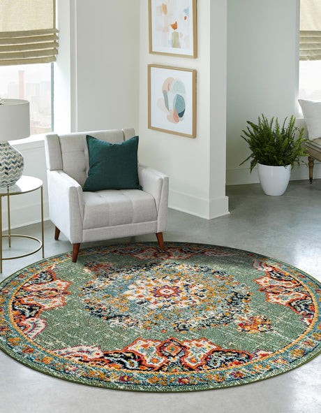 Green 6' 1 x 6' 1 Penrose Round Area Rug Classic Durable Stain Resistant Easy Clean Carpet for Traditional Indoor Home Decor for Sale at Rug Engine