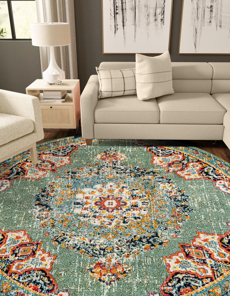 Green 10' x 10' Penrose Round Area Rug Classic Durable Stain Resistant Easy Clean Carpet for Traditional Indoor Home Decor for Sale at Rug Engine