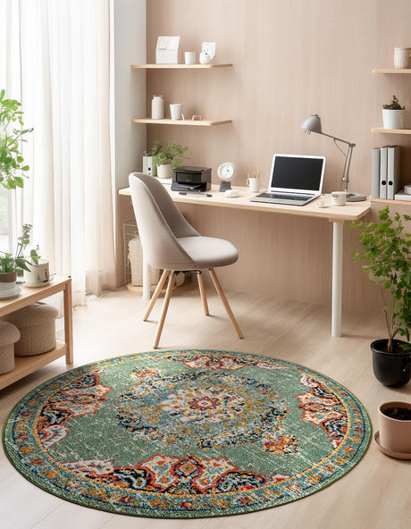 Green 10' x 10' Penrose Round Area Rug Classic Durable Stain Resistant Easy Clean Carpet for Traditional Indoor Home Decor for Sale at Rug Engine