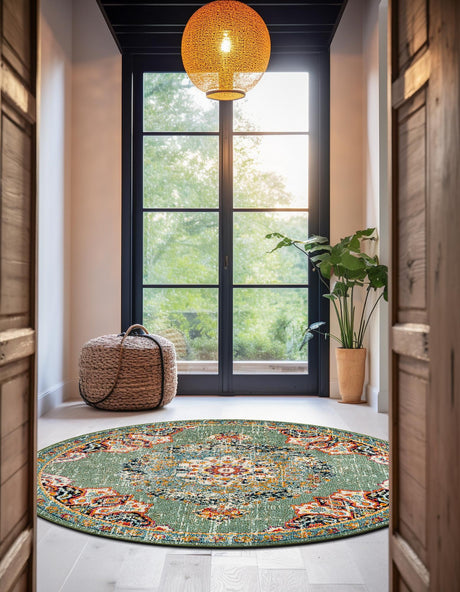 Green 3' 1 x 3' 1 Penrose Round Area Rug Classic Durable Stain Resistant Easy Clean Carpet for Traditional Indoor Home Decor for Sale at Rug Engine