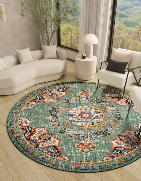 Green 10' x 10' Penrose Round Area Rug Classic Durable Stain Resistant Easy Clean Carpet for Traditional Indoor Home Decor for Sale at Rug Engine