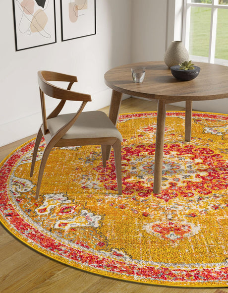 Gold 7' 1 x 7' 1 Penrose Round Area Rug Classic Durable Stain Resistant Easy Clean Carpet for Traditional Indoor Home Decor for Sale at Rug Engine