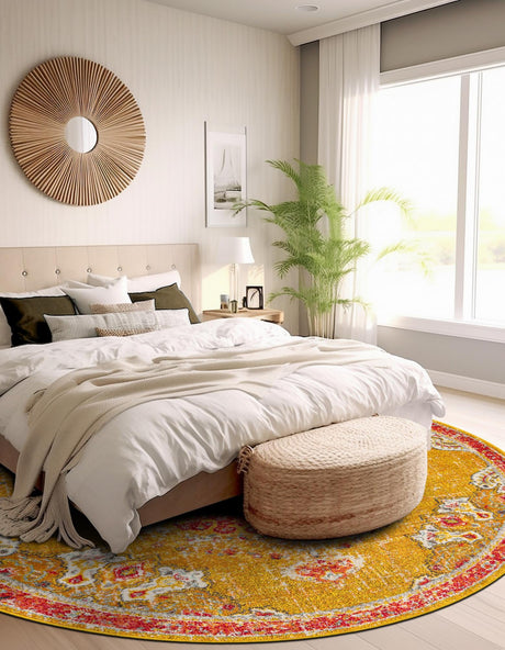 Gold 7' 1 x 7' 1 Penrose Round Area Rug Classic Durable Stain Resistant Easy Clean Carpet for Traditional Indoor Home Decor for Sale at Rug Engine