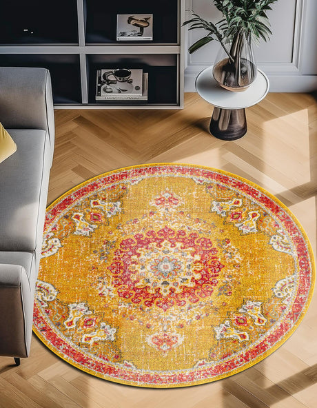 Gold 7' 1 x 7' 1 Penrose Round Area Rug Classic Durable Stain Resistant Easy Clean Carpet for Traditional Indoor Home Decor for Sale at Rug Engine