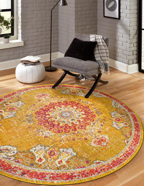 Gold 7' 10 x 7' 10 Penrose Round Area Rug Classic Durable Stain Resistant Easy Clean Carpet for Traditional Indoor Home Decor for Sale at Rug Engine