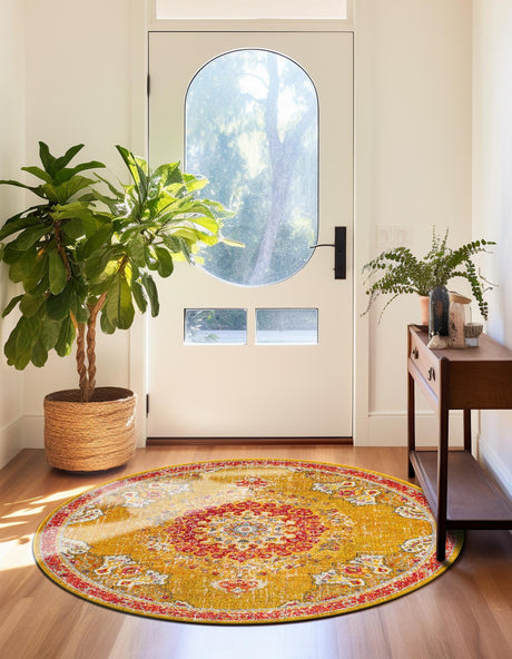 Gold 7' 1 x 7' 1 Penrose Round Area Rug Classic Durable Stain Resistant Easy Clean Carpet for Traditional Indoor Home Decor for Sale at Rug Engine