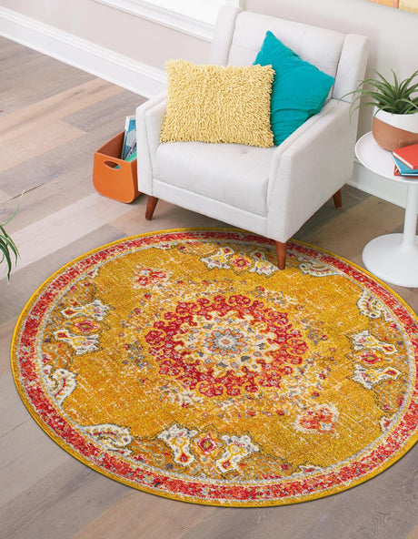 Gold 6' 1 x 6' 1 Penrose Round Area Rug Classic Durable Stain Resistant Easy Clean Carpet for Traditional Indoor Home Decor for Sale at Rug Engine
