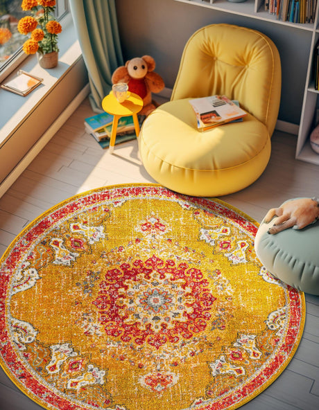 Gold 7' 10 x 7' 10 Penrose Round Area Rug Classic Durable Stain Resistant Easy Clean Carpet for Traditional Indoor Home Decor for Sale at Rug Engine