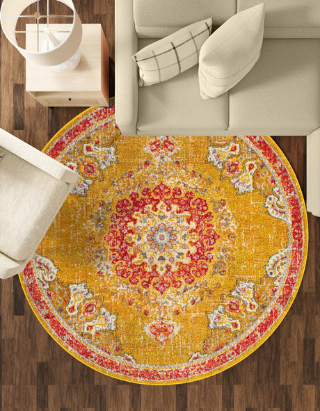 Gold 6' 1 x 6' 1 Penrose Round Area Rug Classic Durable Stain Resistant Easy Clean Carpet for Traditional Indoor Home Decor for Sale at Rug Engine