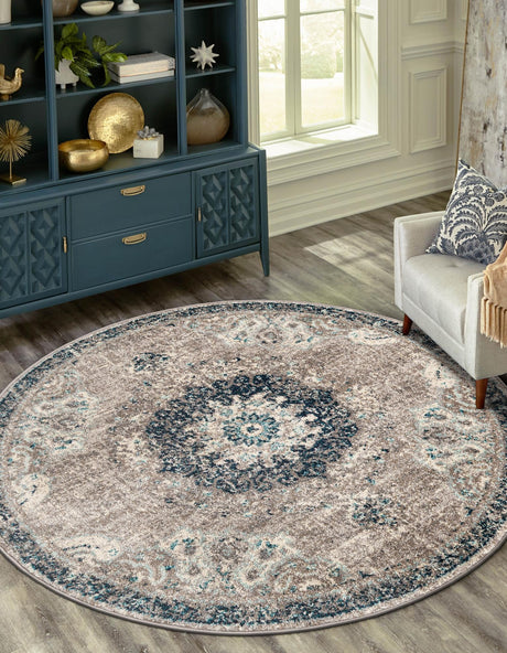 Gray 6' 1 x 6' 1 Penrose Round Area Rug Classic Durable Stain Resistant Easy Clean Carpet for Traditional Indoor Home Decor for Sale at Rug Engine
