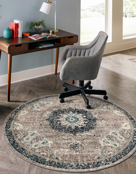 Gray 6' 1 x 6' 1 Penrose Round Area Rug Classic Durable Stain Resistant Easy Clean Carpet for Traditional Indoor Home Decor for Sale at Rug Engine