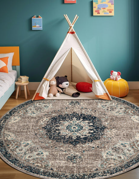 Gray 6' 1 x 6' 1 Penrose Round Area Rug Classic Durable Stain Resistant Easy Clean Carpet for Traditional Indoor Home Decor for Sale at Rug Engine