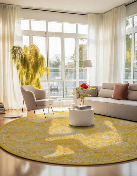 Yellow 6' 1 x 6' 1 Penrose Round Area Rug Classic Durable Stain Resistant Easy Clean Carpet for Traditional Indoor Home Decor for Sale at Rug Engine