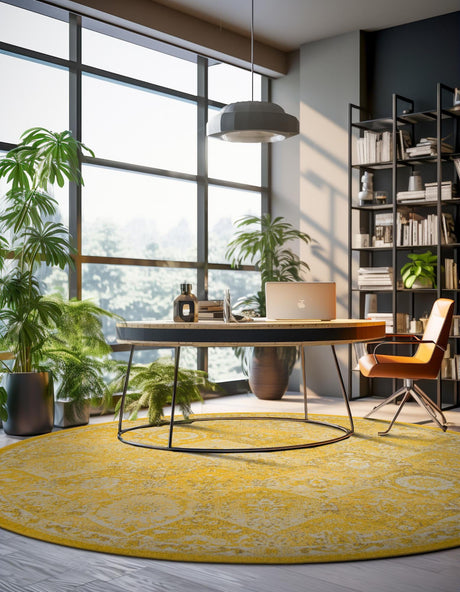 Yellow 3' 1 x 3' 1 Penrose Round Area Rug Classic Durable Stain Resistant Easy Clean Carpet for Traditional Indoor Home Decor for Sale at Rug Engine