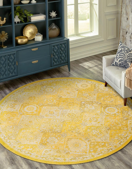 Yellow 6' 1 x 6' 1 Penrose Round Area Rug Classic Durable Stain Resistant Easy Clean Carpet for Traditional Indoor Home Decor for Sale at Rug Engine