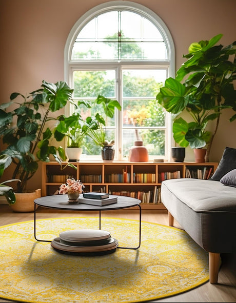 Yellow 6' 1 x 6' 1 Penrose Round Area Rug Classic Durable Stain Resistant Easy Clean Carpet for Traditional Indoor Home Decor for Sale at Rug Engine