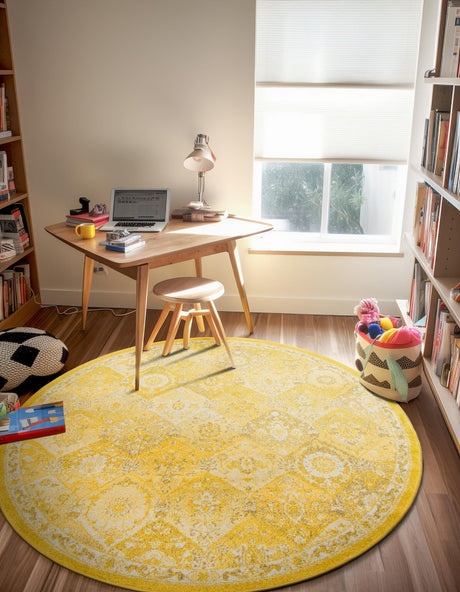 Yellow 3' 1 x 3' 1 Penrose Round Area Rug Classic Durable Stain Resistant Easy Clean Carpet for Traditional Indoor Home Decor for Sale at Rug Engine