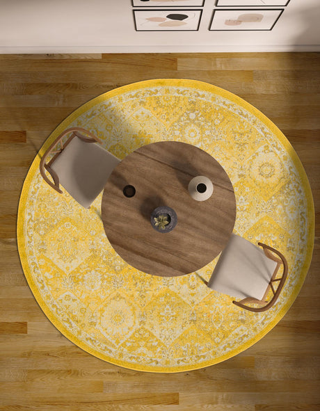Yellow 3' 1 x 3' 1 Penrose Round Area Rug Classic Durable Stain Resistant Easy Clean Carpet for Traditional Indoor Home Decor for Sale at Rug Engine