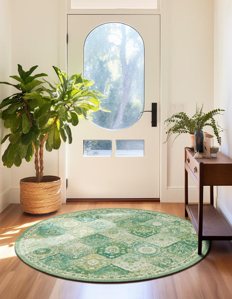 Green 7' 10 x 7' 10 Penrose Round Area Rug Classic Durable Stain Resistant Easy Clean Carpet for Traditional Indoor Home Decor for Sale at Rug Engine