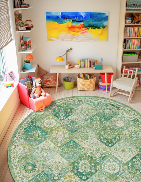 Green 7' 10 x 7' 10 Penrose Round Area Rug Classic Durable Stain Resistant Easy Clean Carpet for Traditional Indoor Home Decor for Sale at Rug Engine