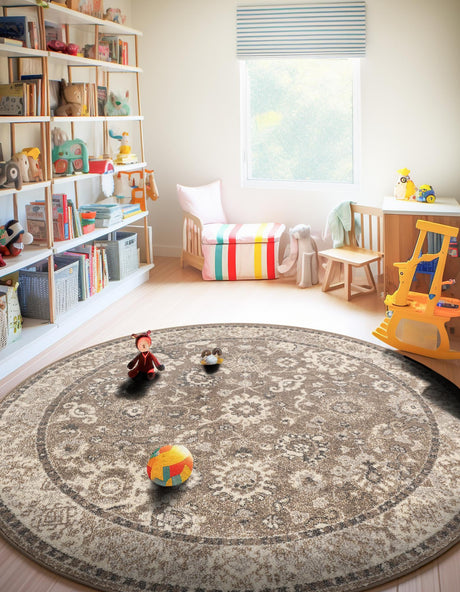 Beige Brown 3' 1 x 3' 1 Penrose Round Area Rug Classic Durable Stain Resistant Easy Clean Carpet for Traditional Indoor Home Decor for Sale at Rug Engine