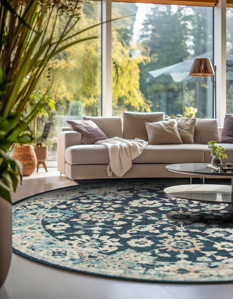 Navy Blue 6' 1 x 6' 1 Penrose Round Area Rug Classic Durable Stain Resistant Easy Clean Carpet for Traditional Indoor Home Decor for Sale at Rug Engine