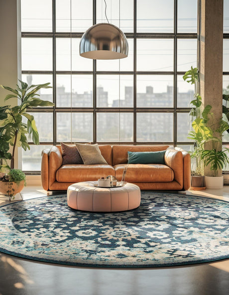 Navy Blue 6' 1 x 6' 1 Penrose Round Area Rug Classic Durable Stain Resistant Easy Clean Carpet for Traditional Indoor Home Decor for Sale at Rug Engine