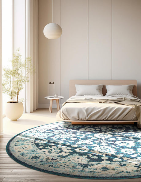 Navy Blue 3' 1 x 3' 1 Penrose Round Area Rug Classic Durable Stain Resistant Easy Clean Carpet for Traditional Indoor Home Decor for Sale at Rug Engine