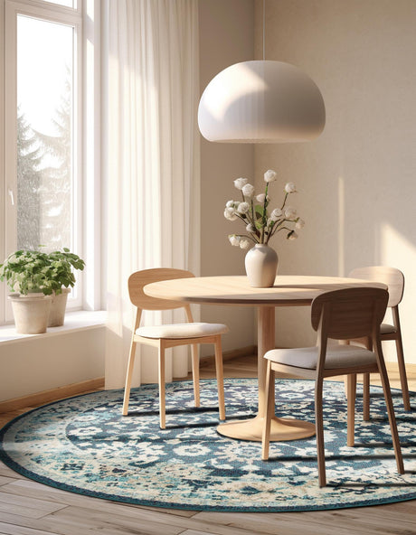 Navy Blue 3' 1 x 3' 1 Penrose Round Area Rug Classic Durable Stain Resistant Easy Clean Carpet for Traditional Indoor Home Decor for Sale at Rug Engine