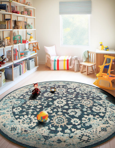 Navy Blue 6' 1 x 6' 1 Penrose Round Area Rug Classic Durable Stain Resistant Easy Clean Carpet for Traditional Indoor Home Decor for Sale at Rug Engine