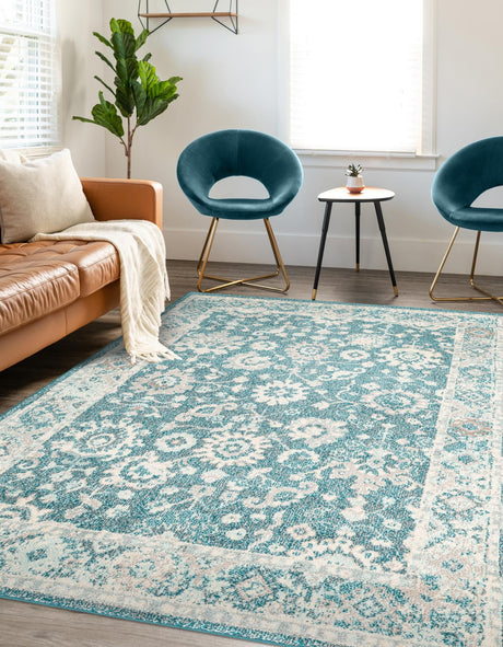 Turquoise 7' 10 x 10' Penrose Rectangle Area Rug Classic Durable Stain Resistant Easy Clean Carpet for Traditional Indoor Home Decor for Sale at Rug Engine